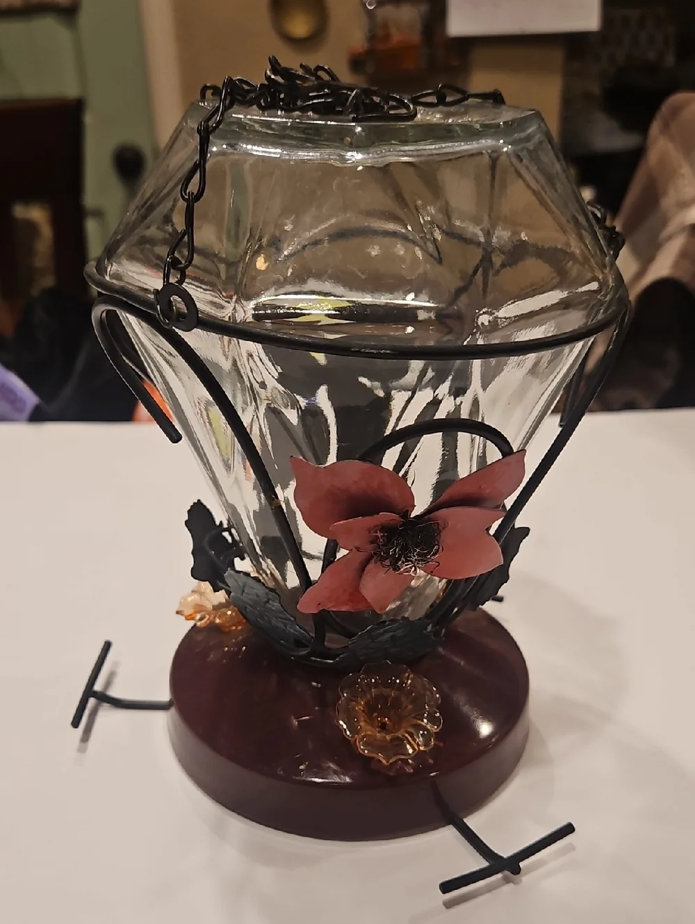 Vinrage Decorative Glass and Metal Hummingbird Feeder